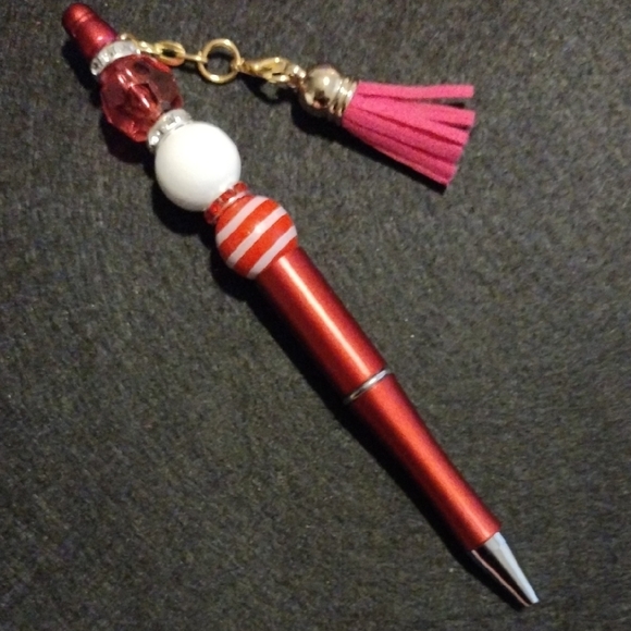 Handcrafted Other - Handcrafted Red Beaded Pen with Pink Tassel